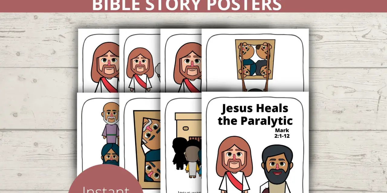 Ilustracje biblijne: Jezus uzdrawia paralityka, w tym Jezus i uzdrowiony mężczyzna.