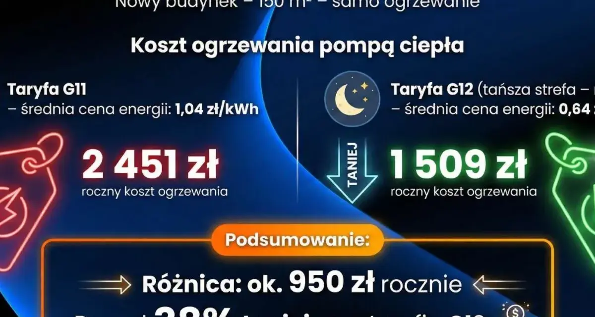 Porównanie kosztów ogrzewania pompą ciepła: 2451 zł (taryfa G11) vs 1509 zł (taryfa G12). Oszczędność 950 zł rocznie, ponad 38% taniej przy taryfie G12.