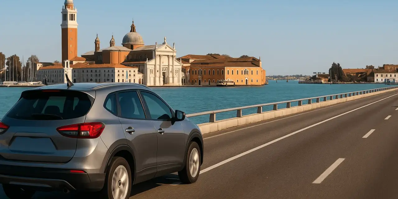 Un'auto grigia percorre il ponte verso Venezia, con la Basilica di San Giorgio Maggiore e il campanile che si stagliano sullo sfondo.