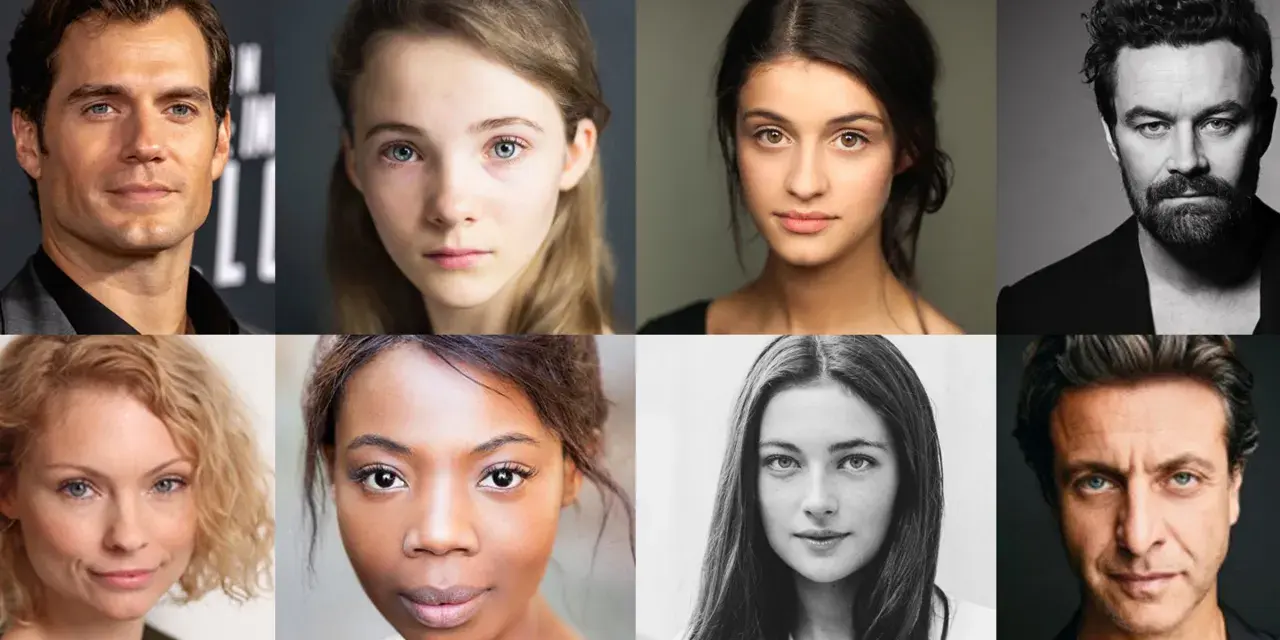 Portrety aktorów z serialu Wiedźmin: Henry Cavill, Freya Allan, Anya Chalotra, Joey Batey, Mimi Ndiweni, Eamon Farren, MyAnna Buring, Mahesh Jadu.
