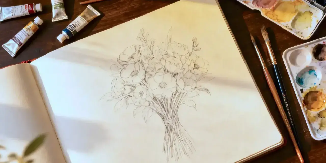 Un carnet ouvert montre un croquis de fleurs. Autour, des tubes de peinture et des pinceaux suggèrent ce avec quoi dessiner sur une toile avant de peindre.