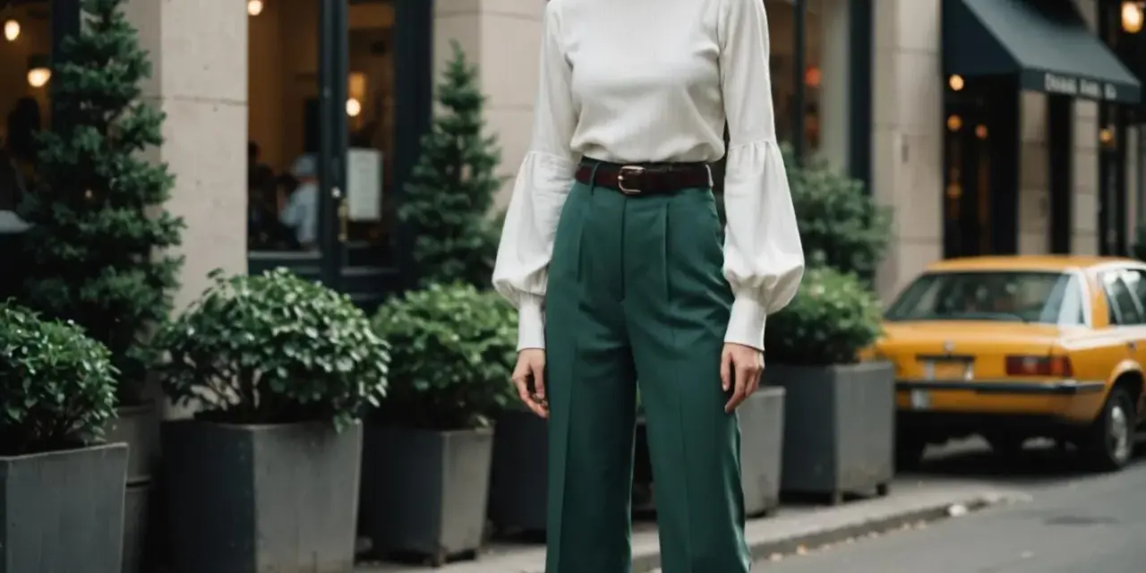 Elegancka kobieta w zielonych spodniach z wysokim stanem i bufiastymi rękawami, przypominającymi kształtem **stovepipe**.