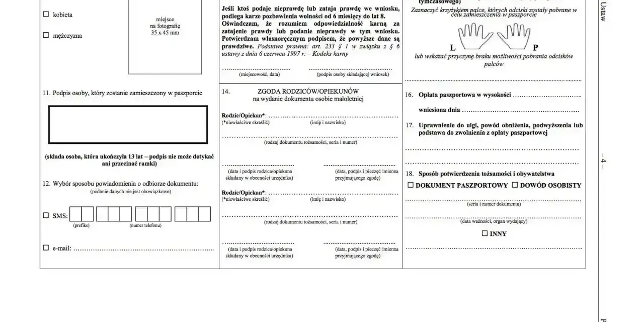 Formularz wniosku o paszport, sekcja "Oświadczenie" zawiera informację, czy na Maltę potrzebny paszport.