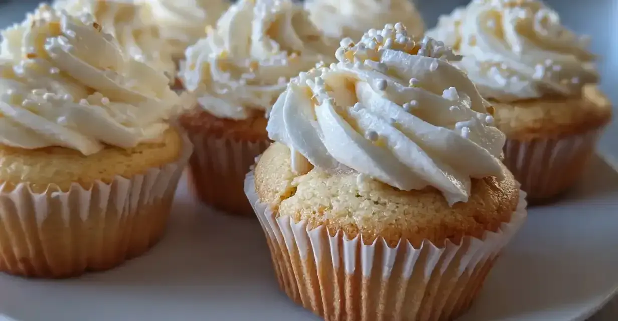 Fluffiga cupcakes med vit frosting och strössel. Perfekt för ett enkelt frosting recept!