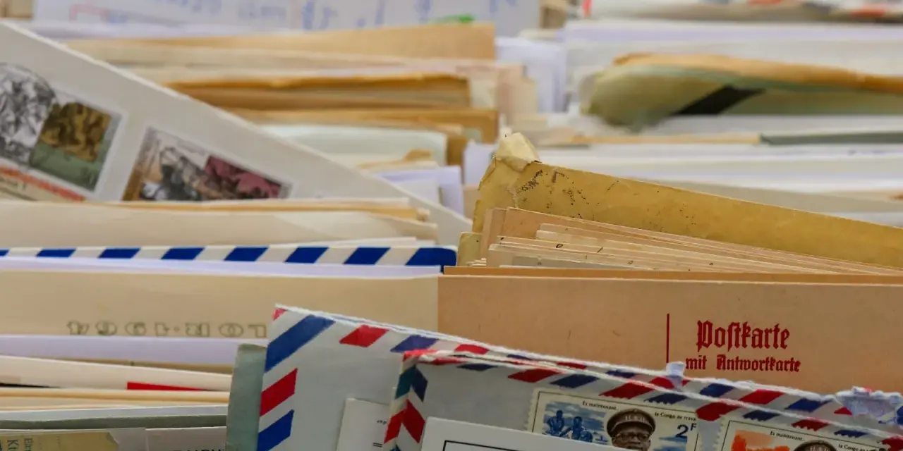 Ein Stapel alter Briefe und Postkarten, vielleicht ein **briefgeheimnis eheleute**? Mit Briefmarken und handschriftlichen Notizen.