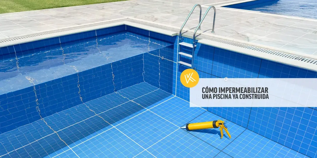 Piscina con azulejos azules, escalera y pistola de sellador. Guía para impermeabilizar piscina.