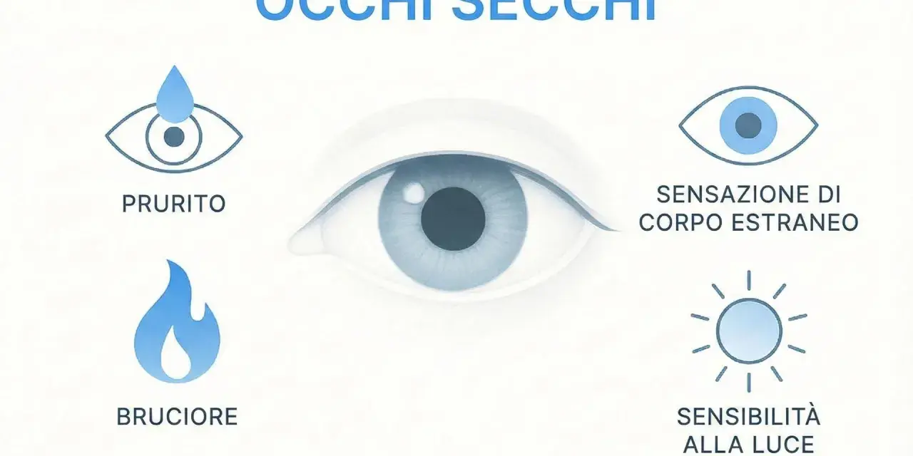 Occhi secchi: prurito, bruciore, sensazione di corpo estraneo e sensibilità alla luce.