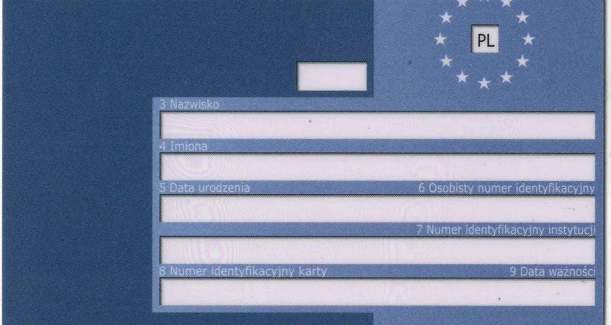 Europejska Karta Ubezpieczenia Zdrowotnego (EKUZ) od ręki. Dokument zawiera dane osobowe i identyfikacyjne.