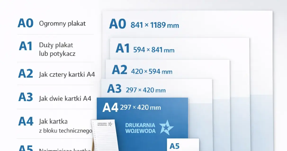 Porównanie formatów papieru od A0 do A5. A4 to jak kartka z bloku technicznego, a A5 to pół kartki A4.