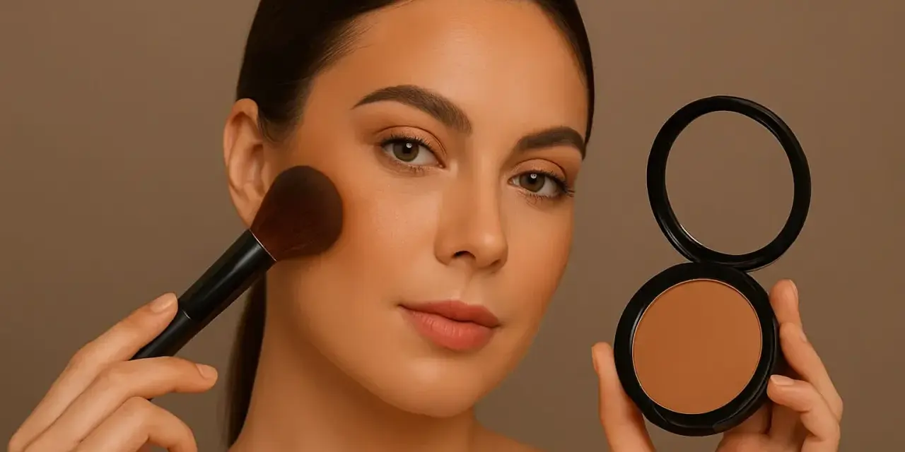 Kobieta z pędzlem nakłada bronzer w kamieniu, by uzyskać naturalny efekt muśniętej słońcem skóry.