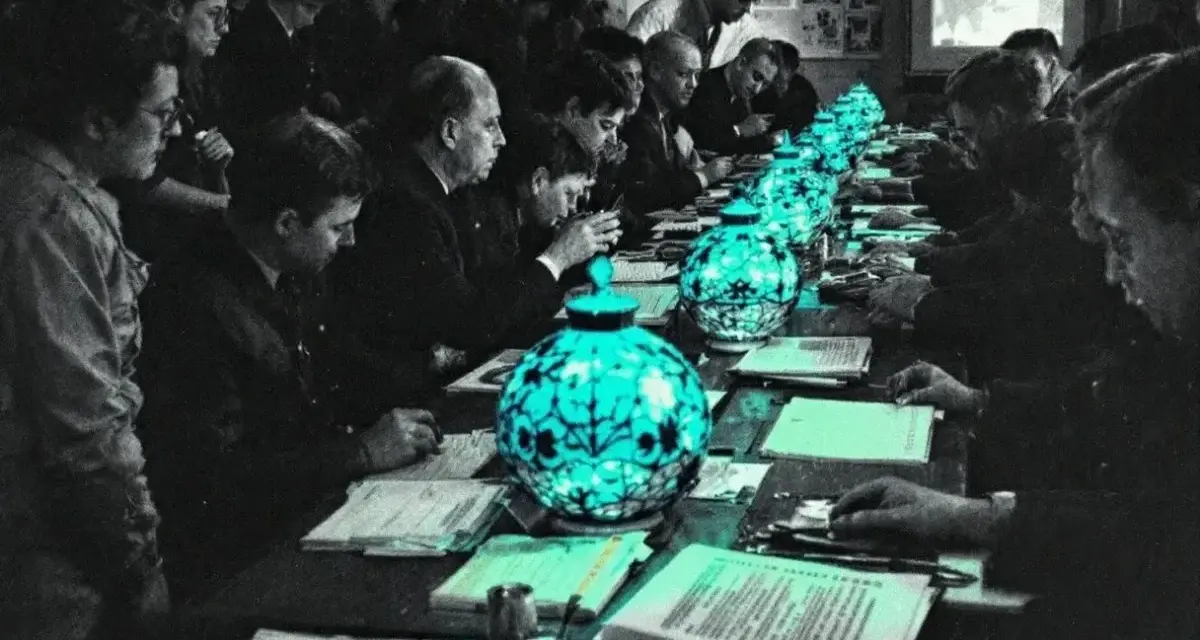 Des hommes en costume, réunis autour d'une longue table, semblent participer à un procès de Tokyo. Des lampes bleues éclairent des documents.