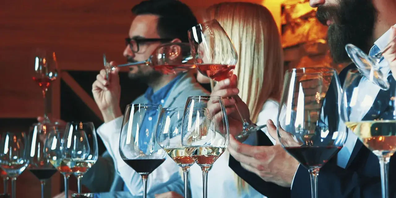 Gente disfrutando de una cata de vinos en España, con copas de vino tinto, blanco y rosado.