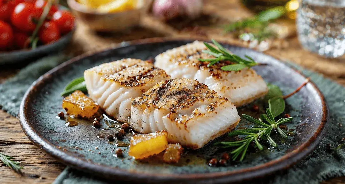Tre succulenti filetti di merluzzo al forno, conditi con erbe aromatiche e pepe, su un piatto rustico.