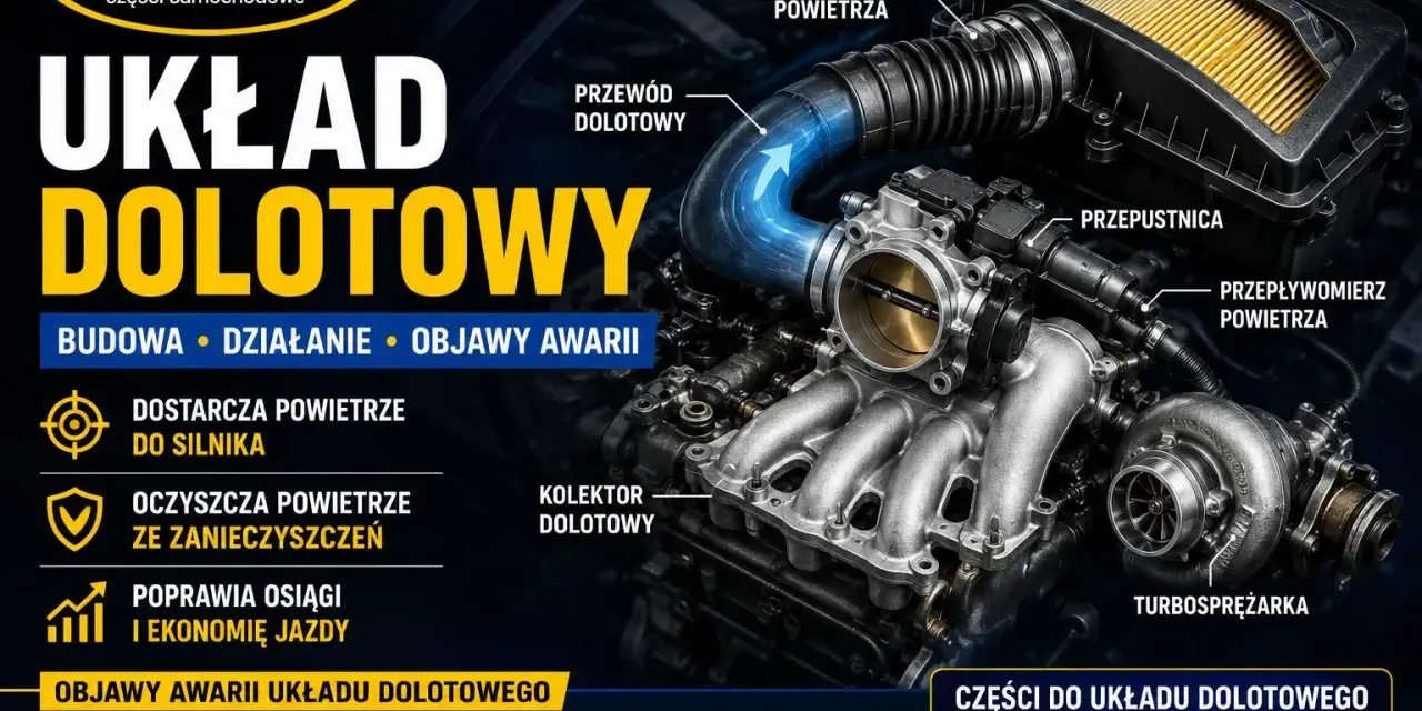 Schemat układu dolotowego silnika z widocznym filtrem powietrza, przepustnicą i turbosprężarką.