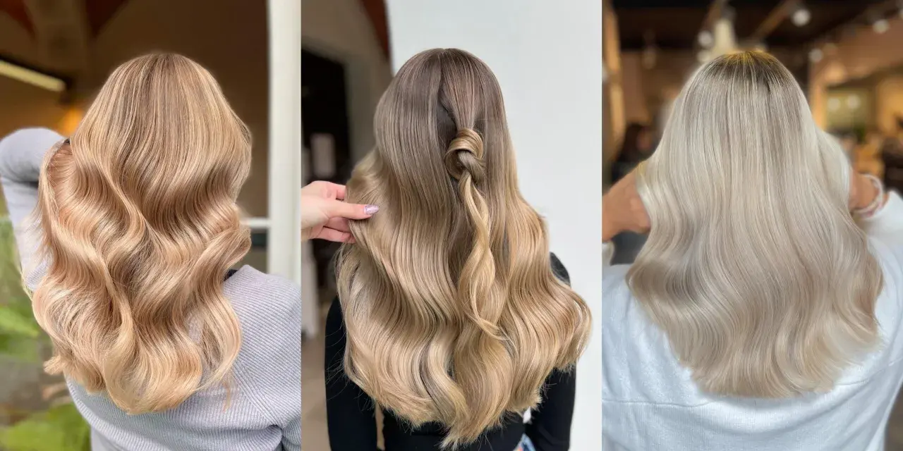 Trzy fryzury z falowanymi włosami w odcieniach ombre blond. Od ciepłego miodowego blondu po chłodny platynowy.