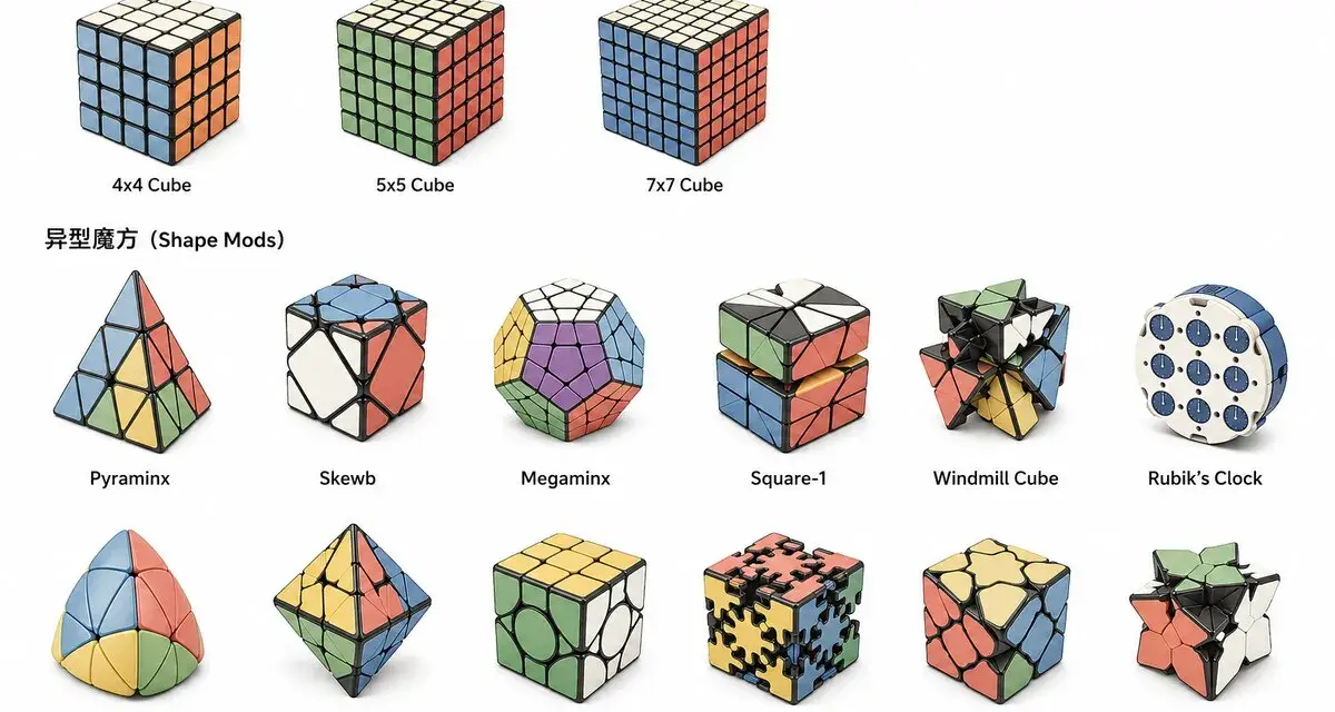 En samling pussel, inklusive en färgglad pyraminx, olika Rubiks kub-varianter och andra former.