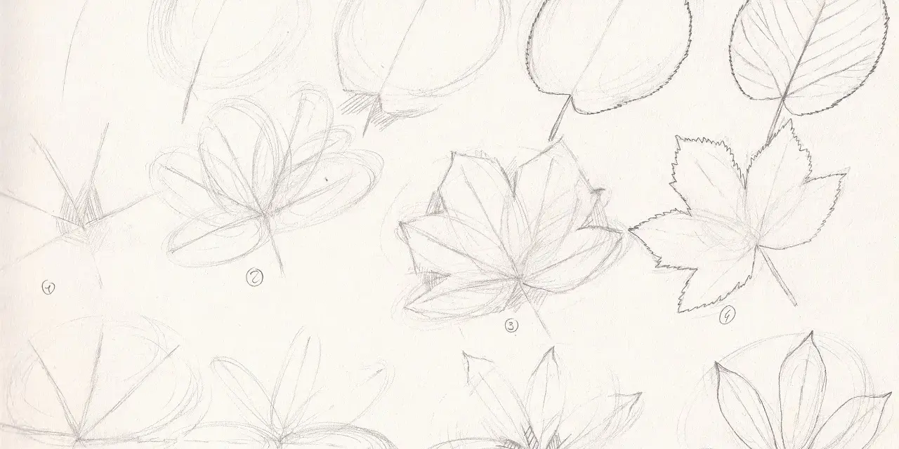 Étapes d'un dessin feuillage facile : esquisses de feuilles de différentes formes, de simples cercles à des formes lobées et dentelées.