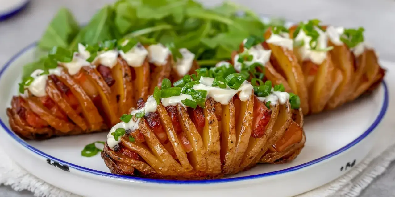 Pieczone ziemniaki Hasselback z bekonem, majonezem i szczypiorkiem na talerzu.