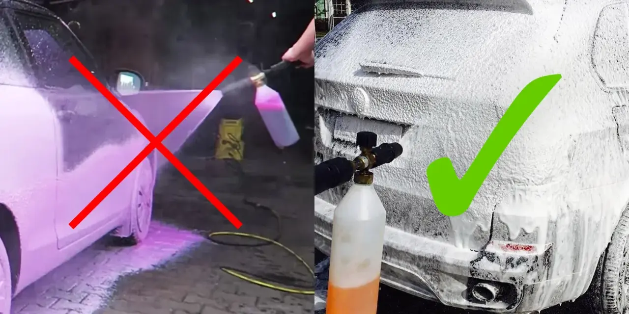 Två bilder visar biltvätt. Vänstra bilden visar felaktig användning av skumrengöring med ett rött kryss. Högra bilden visar korrekt applicering av tjockt skum med en grön bock.