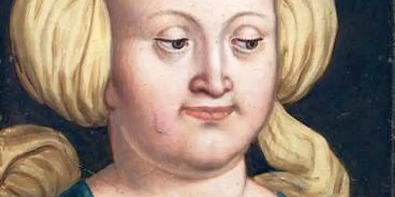 Portret Elżbiety Rakuszanki, która z dumą spogląda na swoich wnuków. Jej blond włosy są upięte w charakterystyczne koki.