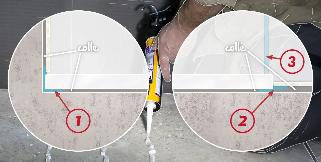 Application de colle pour assurer la durée de vie d'un receveur de douche. Détails sur l'étanchéité.