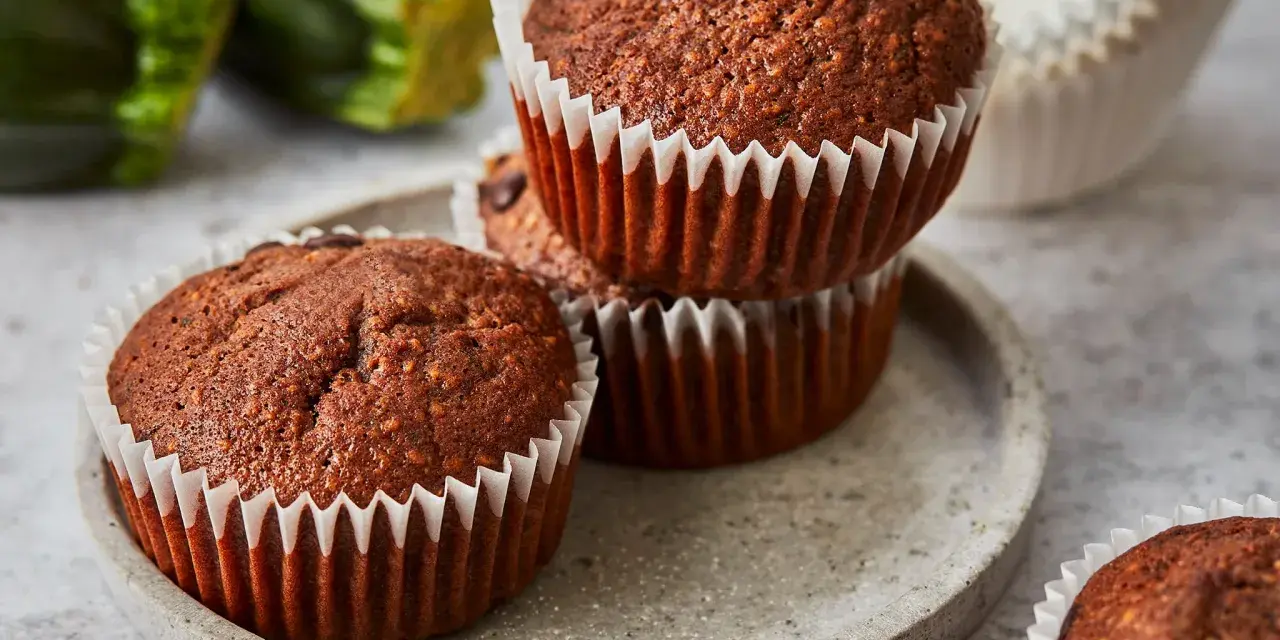 Saftige zucchini schoko muffins auf einem Steinplattenteller, im Hintergrund frische Zucchini.