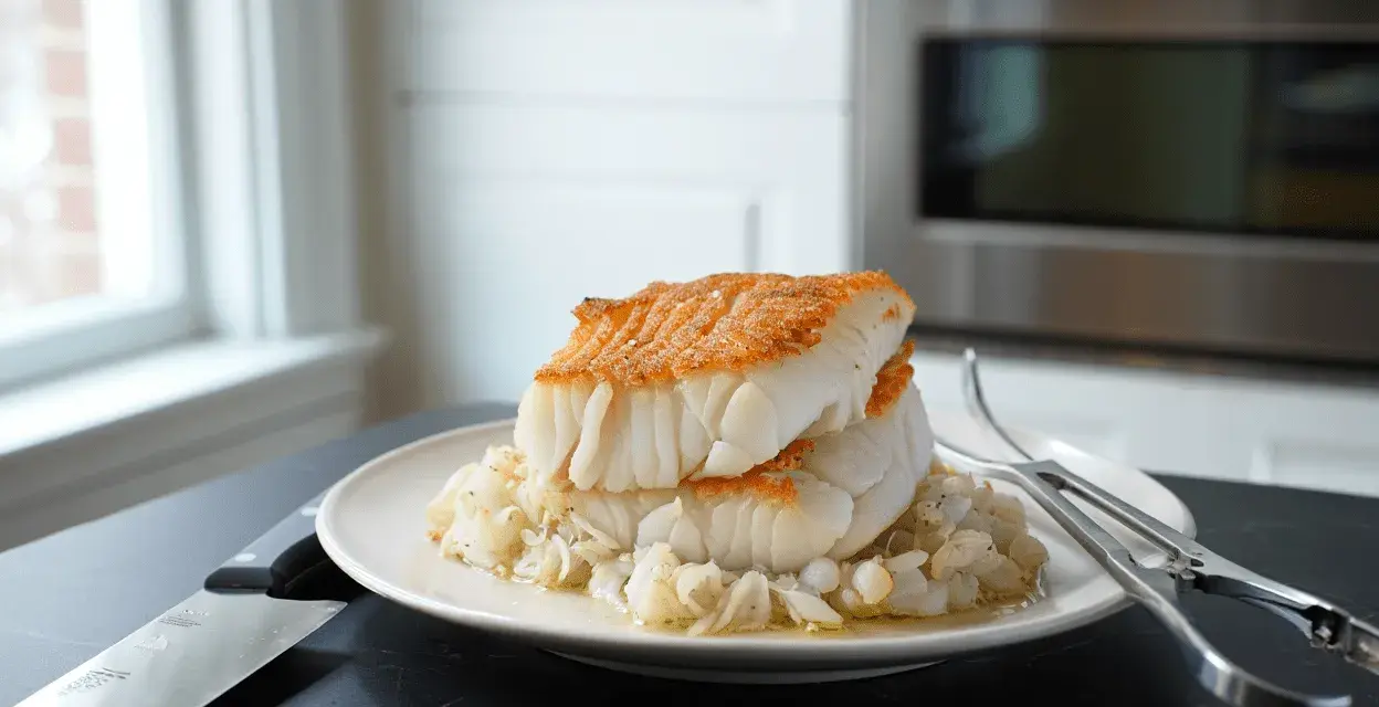 Dos lomos de bacalao a la gallega, dorados y jugosos, reposan sobre una cama de cebolla pochada en un plato blanco.
