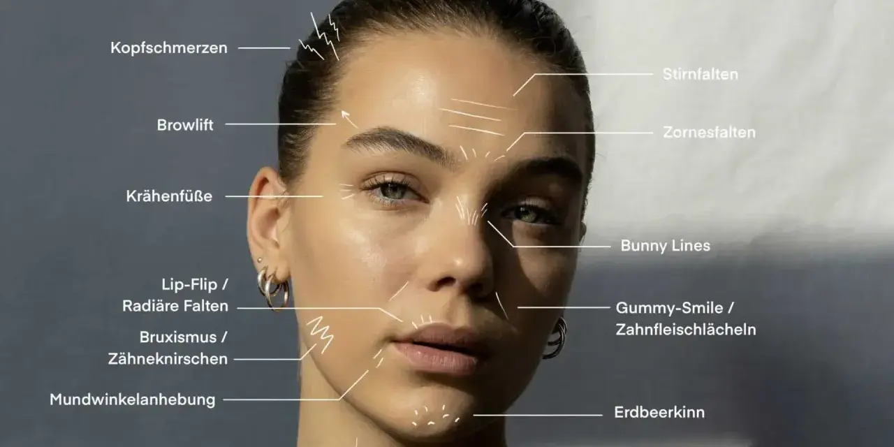 Gesicht einer Frau mit Markierungen für Botox-Behandlungen, die auch Bunny Lines zeigt.