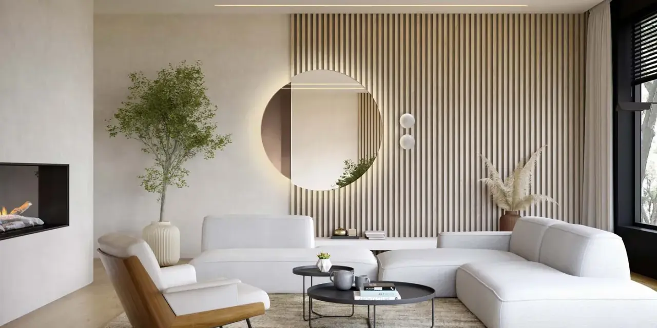 Nowoczesny salon z białymi sofami, kominkiem i okrągłym lustrem Kent, które dodaje elegancji.