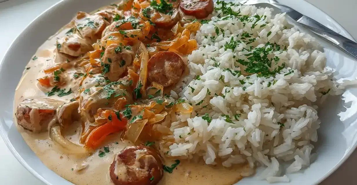 En tallrik med krämig korv stroganoff och fluffigt ris, toppat med färsk persilja. En klassisk svensk rätt som värmer själen.