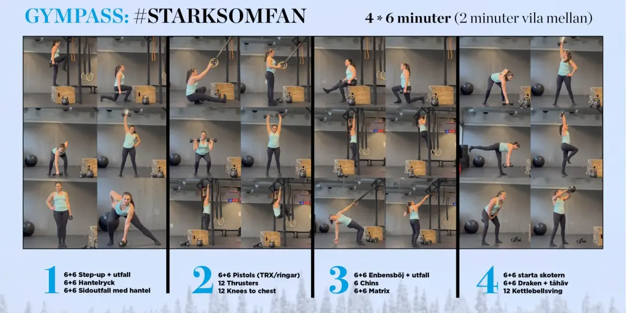 En kvinna utför olika övningar med hantlar, bland annat utfall med hantlar, som en del av ett gympass.