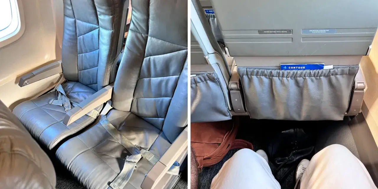 Leather seats on a Contour Airlines flight. The image shows legroom and seat details, offering a glimpse into Contour Airlines reviews.