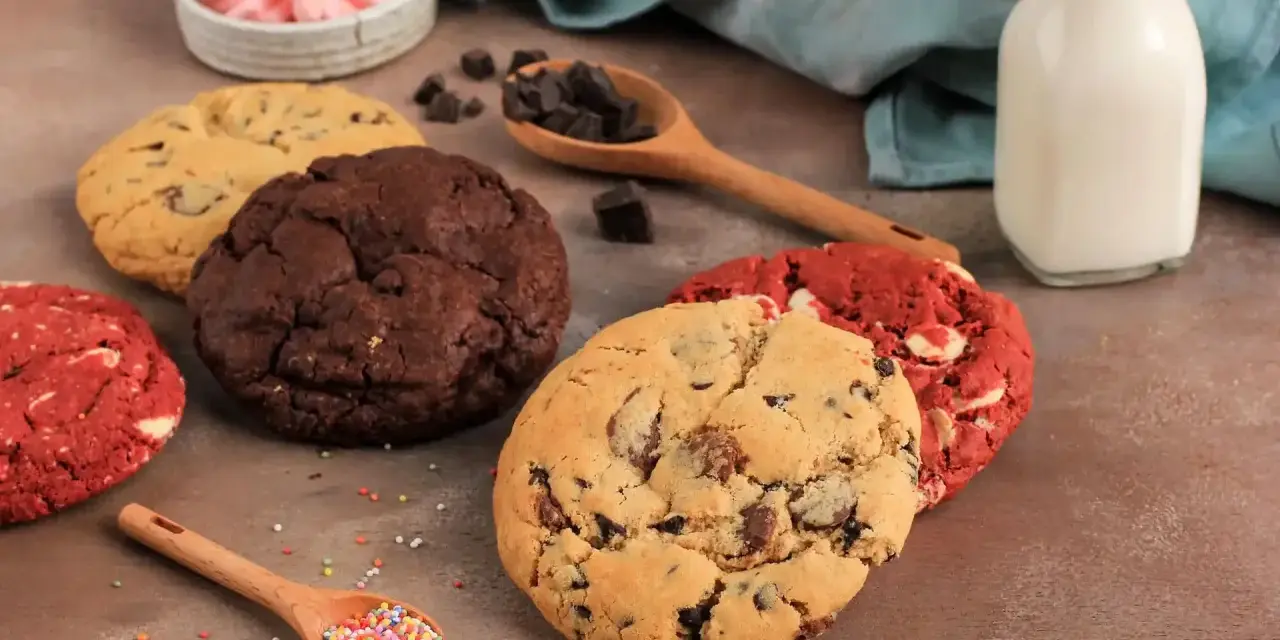 Verschiedene amerikanische Cookies: Schoko, Red Velvet und Chocolate Chip. Dazu Marshmallows, Schokostückchen und Milch.