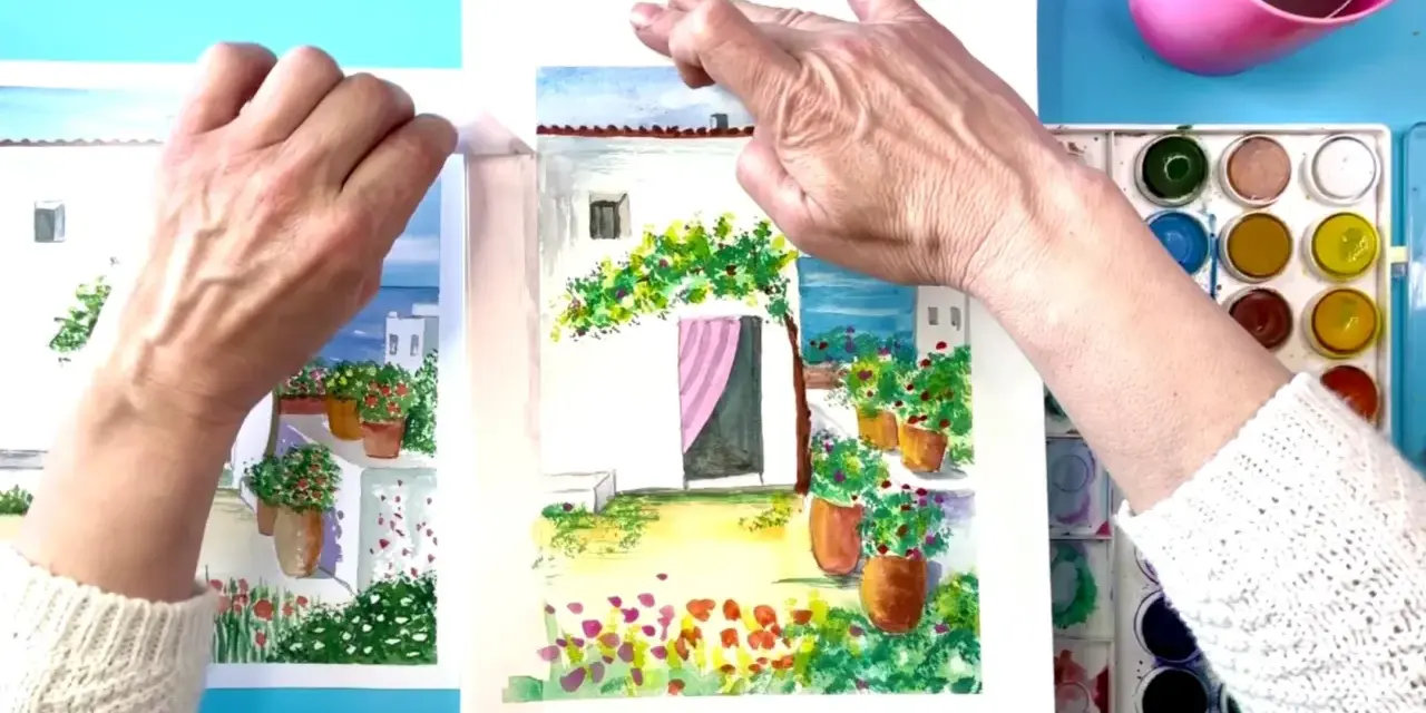 Manos pintando acuarelas fáciles de hacer: un patio con flores y una casa blanca.
