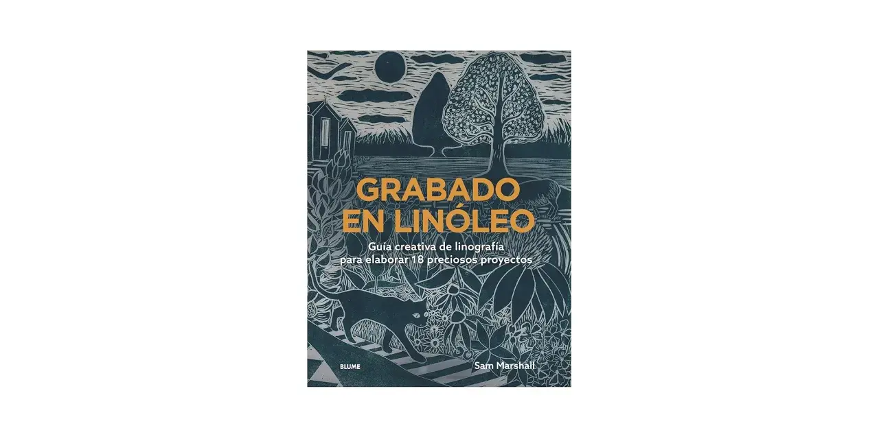 Portada de libro "Grabado en linóleo", con un diseño detallado de linograbado que incluye un gato, flores, un árbol y una casa.