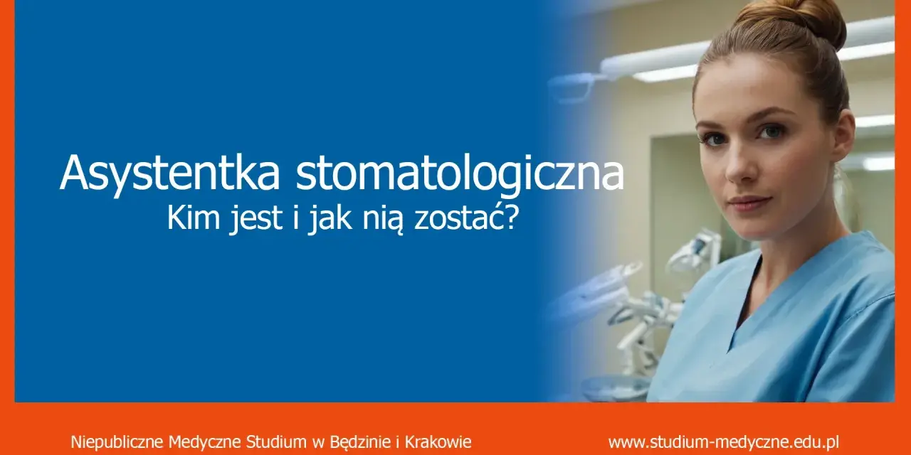 Młoda asystentka stomatologiczna w niebieskim uniformie, z włosami upiętymi w kok. Na niebieskim tle napis "Asystentka stomatologiczna. Kim jest i jak nią zostać?".