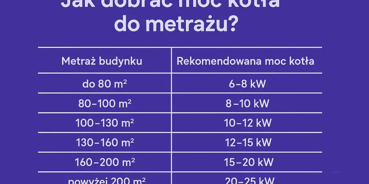 Tabela z metrażem budynku i rekomendowaną mocą kotła gazowego.