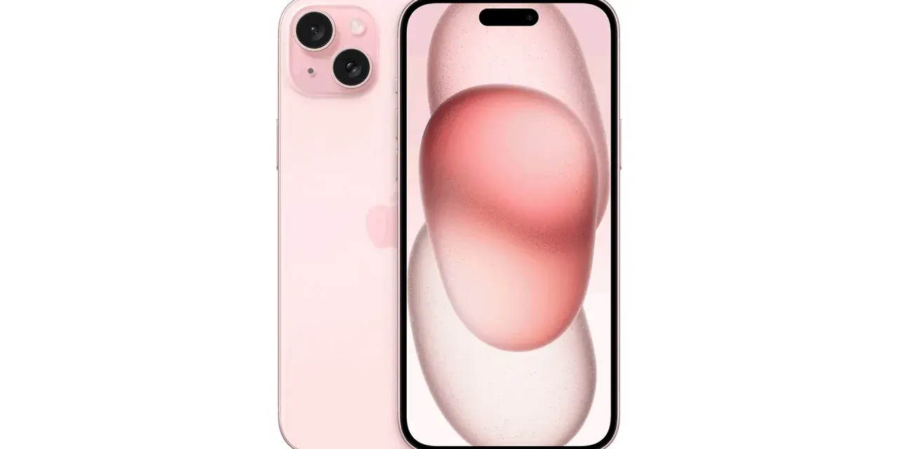 Två rosa iPhones, en framifrån med en abstrakt bakgrund och en bakifrån med dubbla kameror. Perfekt för dig som vill flytta från Android till iPhone.
