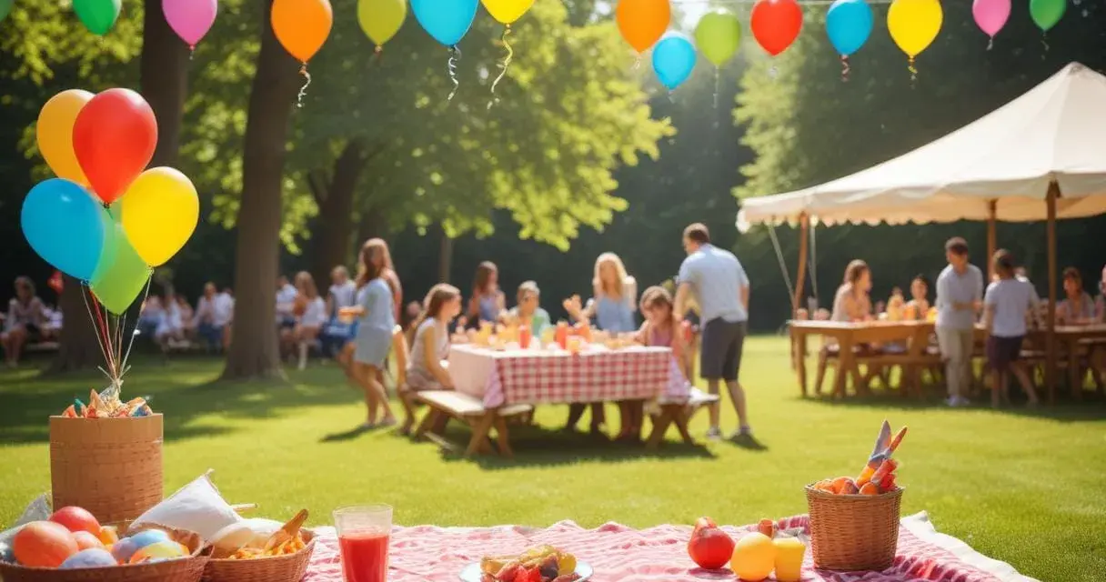 Färgglada ballonger svävar över en picknick med familj och vänner. En härlig dag för roliga femkampsgrenar och gemenskap i solen.