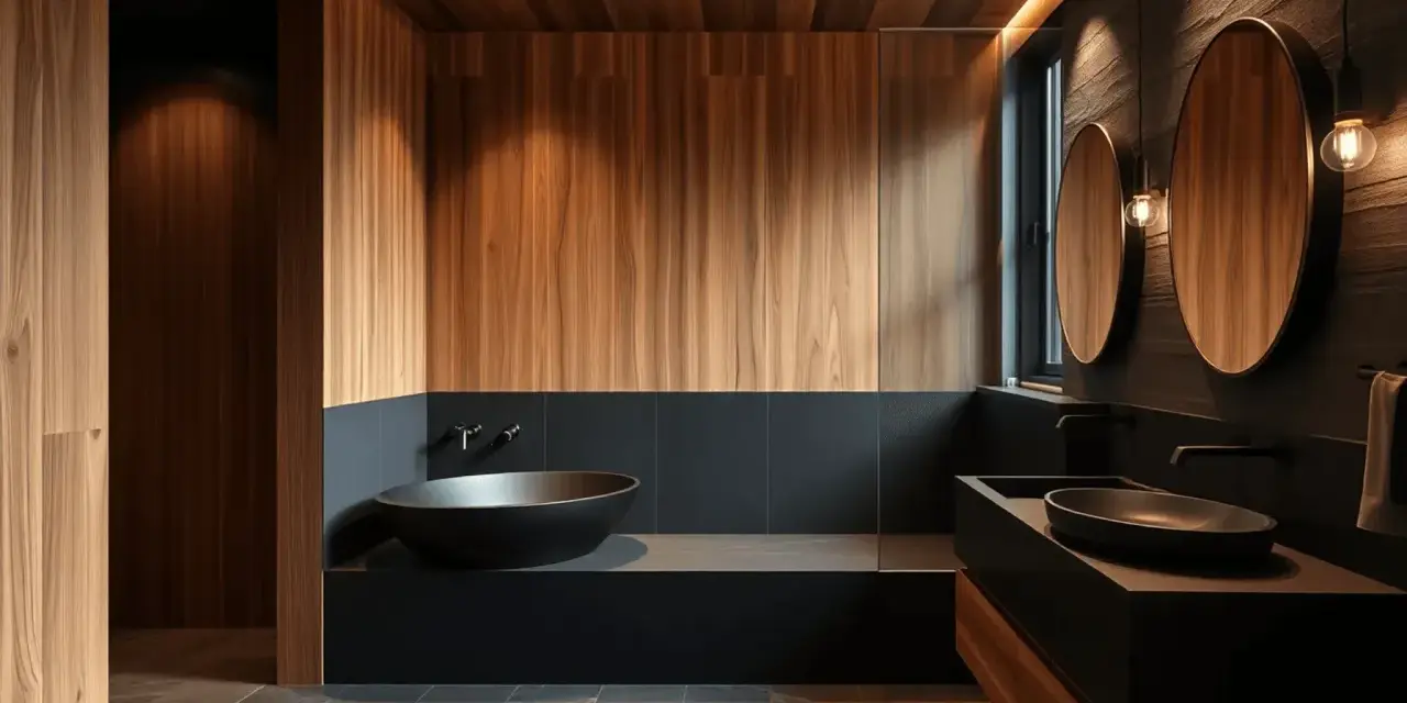 Élégante salle d'eau noir et bois, avec baignoire îlot, double vasque et miroirs ronds.
