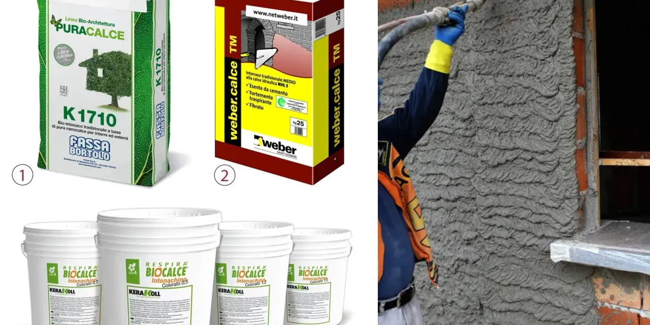 Applicazione di intonaco interno con pistola. Si vedono sacchi e secchi di prodotti per intonaci a base di calce, con indicazioni sullo spessore intonaco interno.