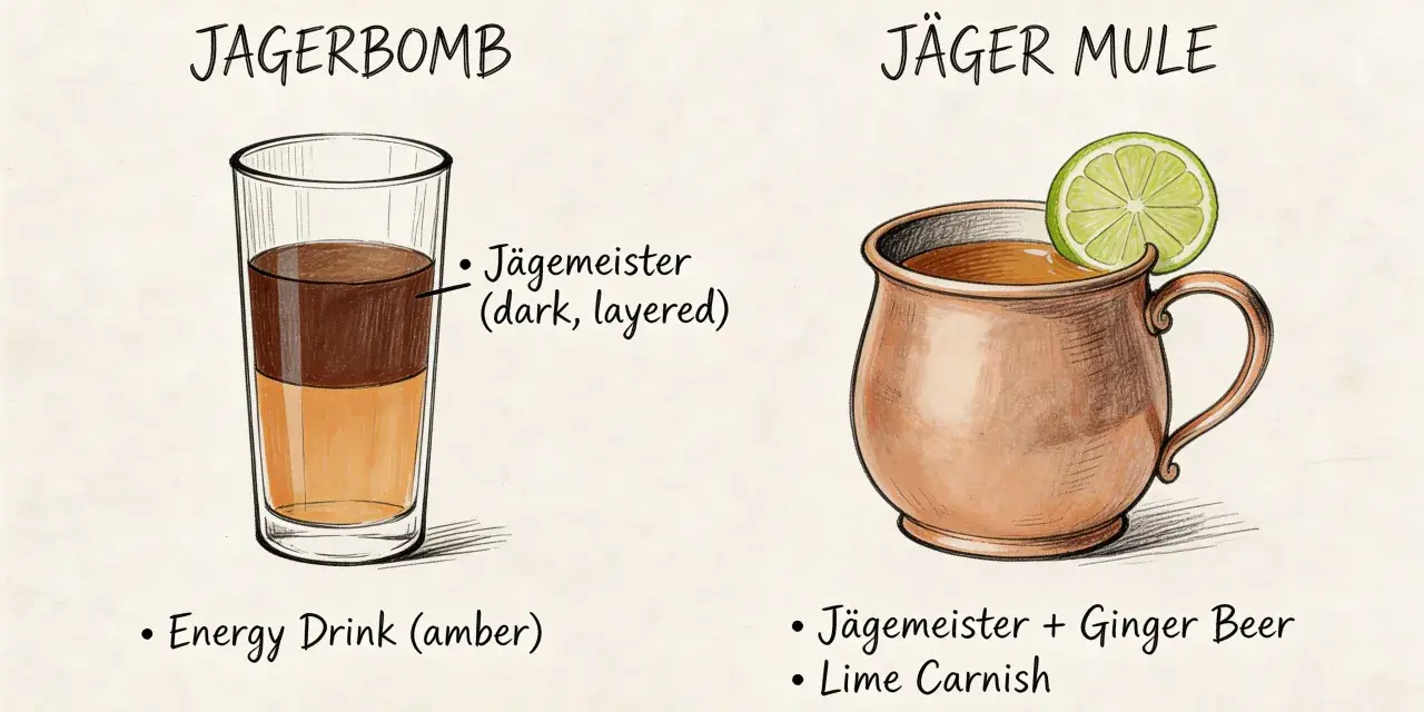 Dwa drinki: Jagerbomb z warstwami Jägermeistera i napoju energetycznego oraz Jäger Mule w miedzianym kubku z limonką.