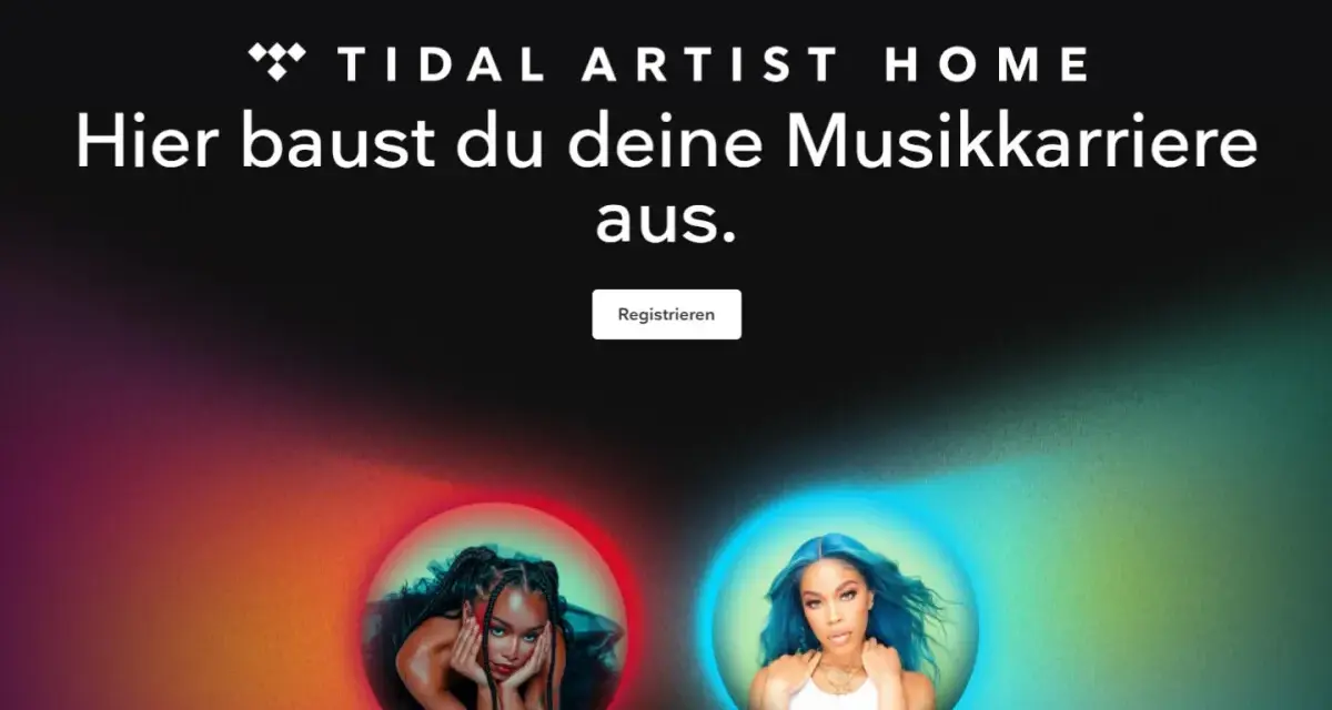 Tidal Artist Home: Hier baust du deine Musikkarriere aus. Zwei Künstlerinnen, eine rote und eine blaue Aura, laden zur Registrierung ein.