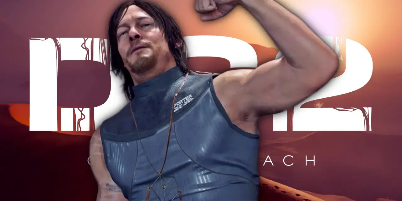 Norman Reedus, con su brazo flexionado, anuncia Death Stranding 2. El paisaje desértico y el logo del juego completan la imagen.