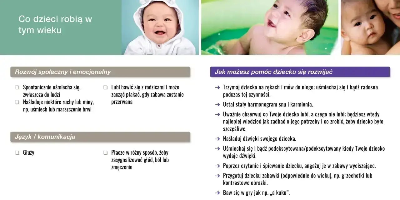 Uśmiechnięte dziecko w białym kapturku, jakby właśnie usłyszało "a kuku". W wieku 4 miesięcy dziecko zaczyna reagować na bodźce, a radość pojawia się, kiedy dziecko klaszcze.