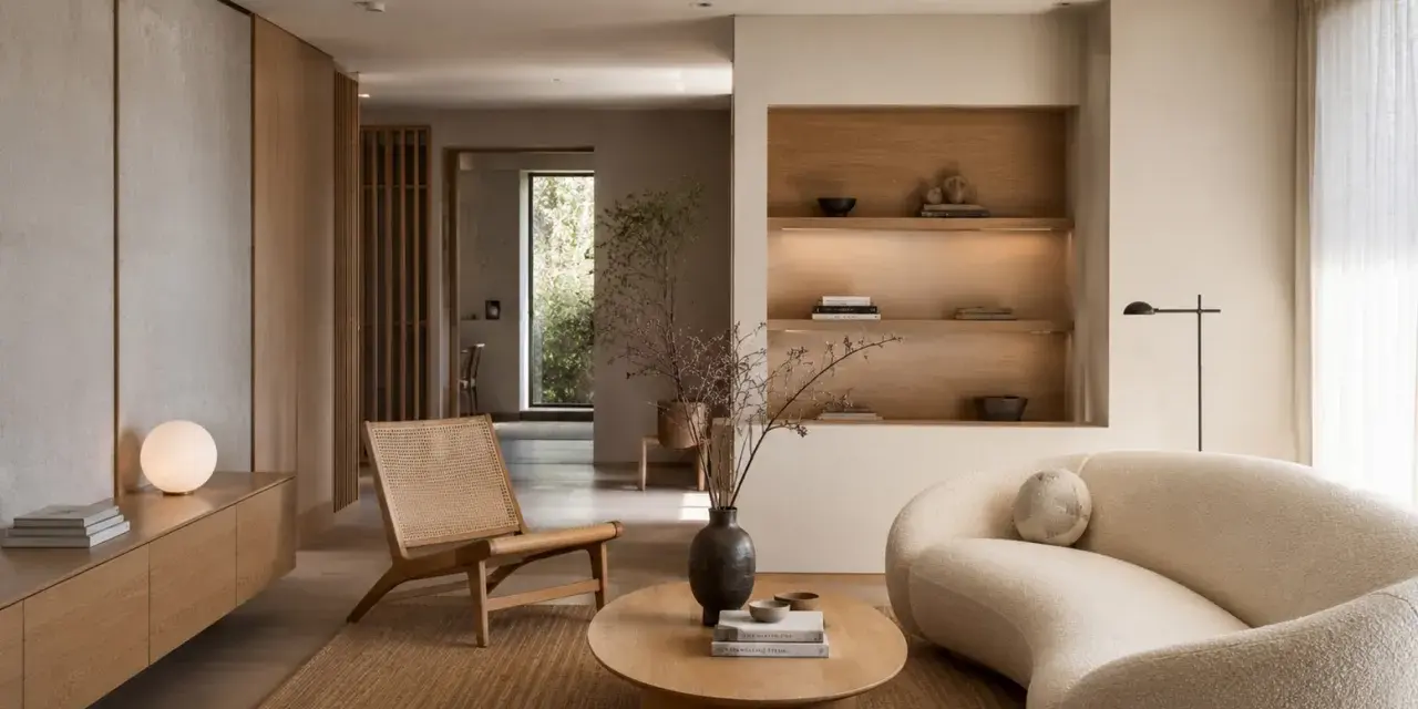 Salón de **estilo Japandi** con sofá curvo, silla de ratán, mesa de centro de madera y estanterías empotradas.