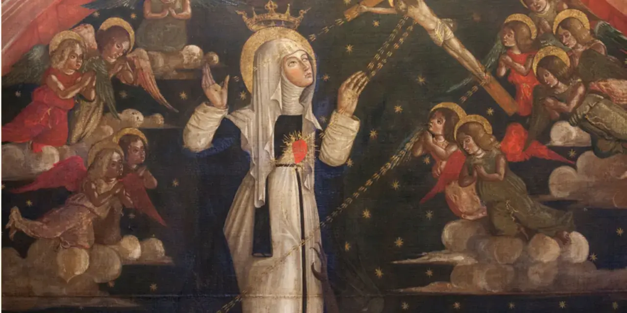 Saint Catherine of Siena, crowned and with a flaming heart, receives stigmata from Christ on the cross, surrounded by angels.