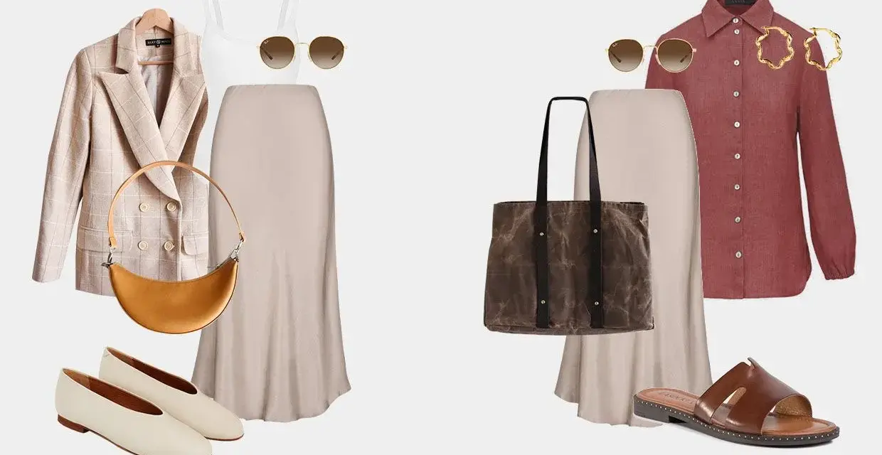 Dwie propozycje stylizacji z beżową spódnicą: elegancka z marynarką i torebką-bagietką, oraz casualowa z koszulą, shopperką i sandałami.