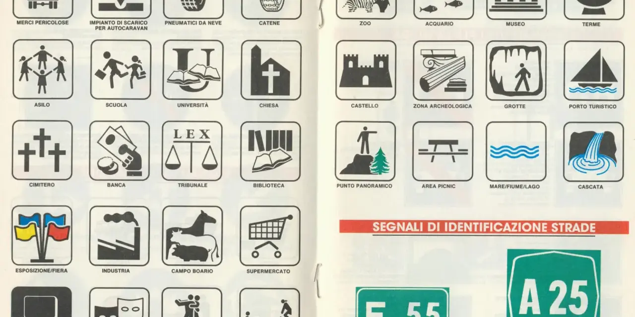 Segnaletica stradale: icone per merci pericolose, scuola, ospedale, zoo, musei, aree naturali e autostrade, come da regolamento codice della strada.