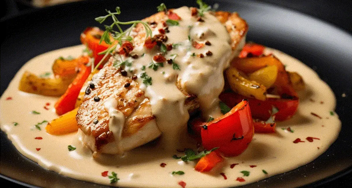 En saftig kycklingfilé med krämig pepparsås och rostade grönsaker. Ett perfekt pepparsås recept för en lyxig middag.